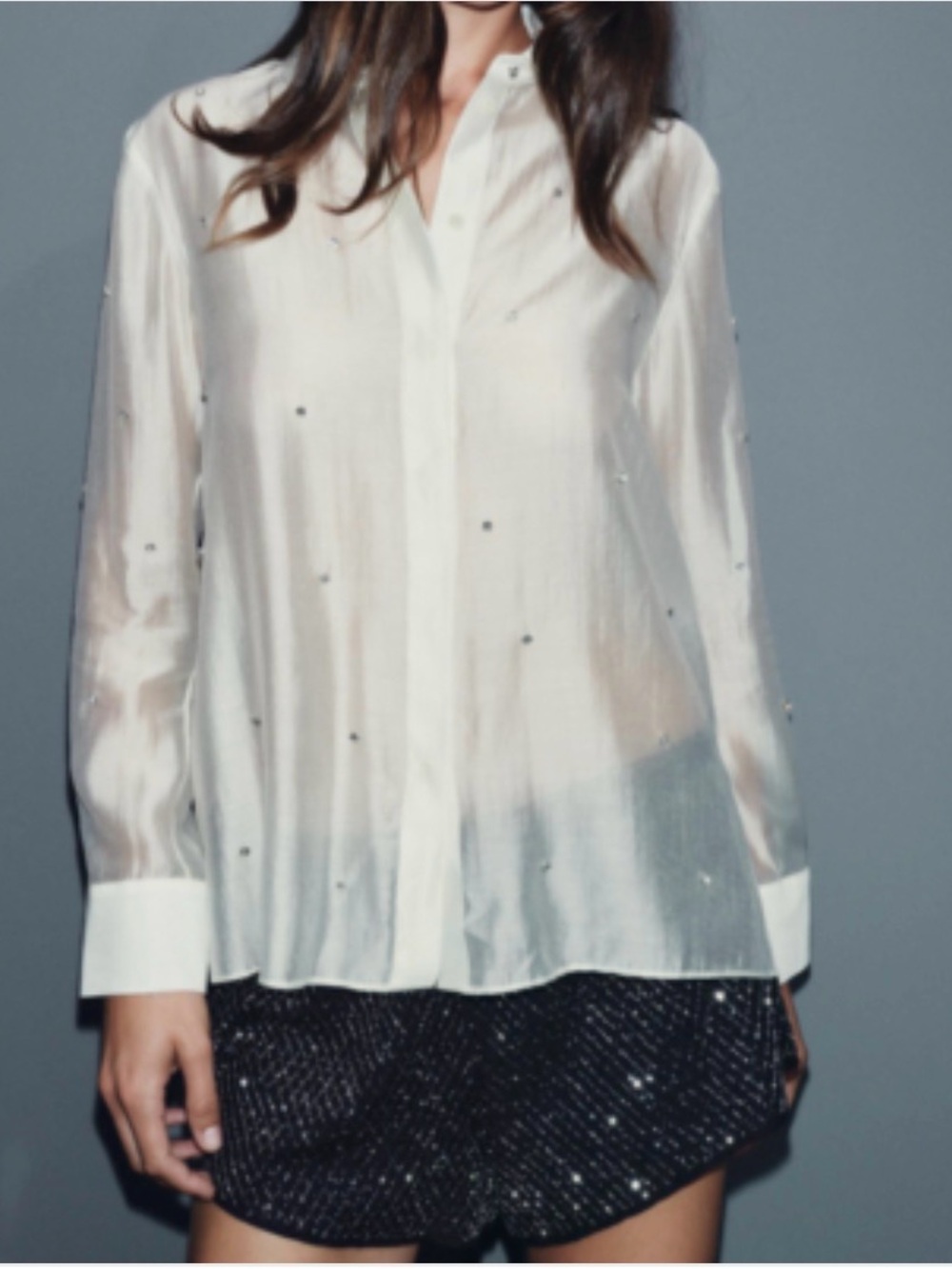 Bailey 44 white semi-sheer balloon sleeve blouse w/ rhinestones / studs. L. NWT